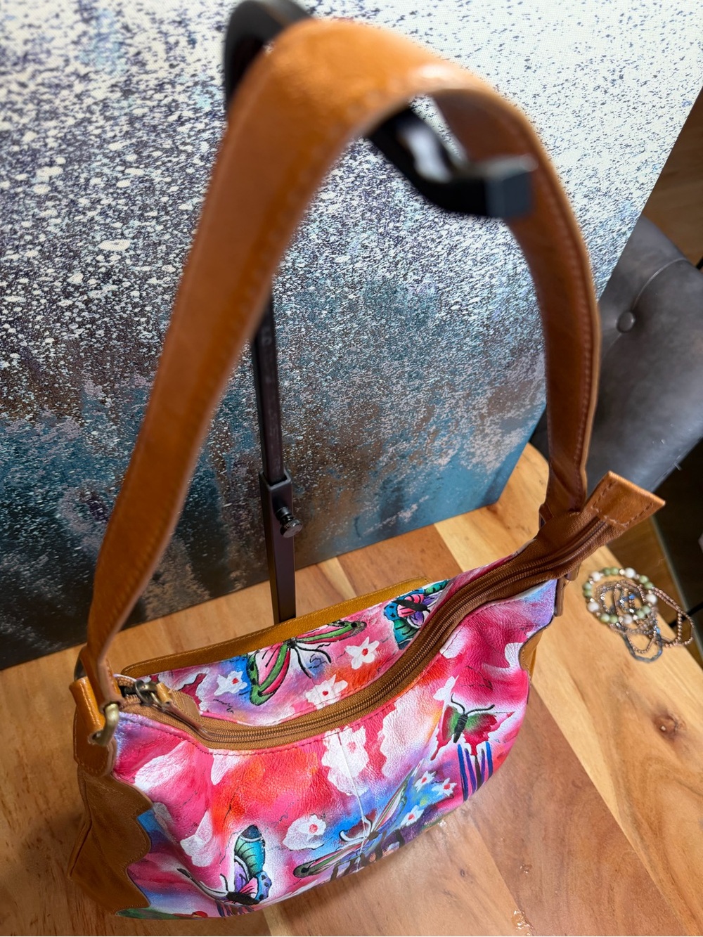 Sharif 1827 Rare Artistic Expressions Hand-Painted Butterfly Leather Bag VGUC - Picture 5 of 13